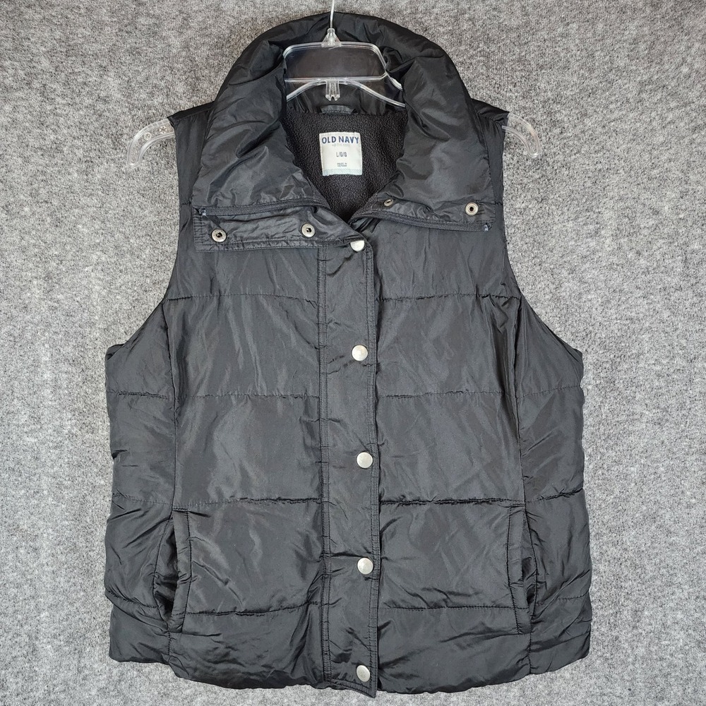 Old Navy Puffer Vest Womens Large Black Fleece Lined Quilted EUC